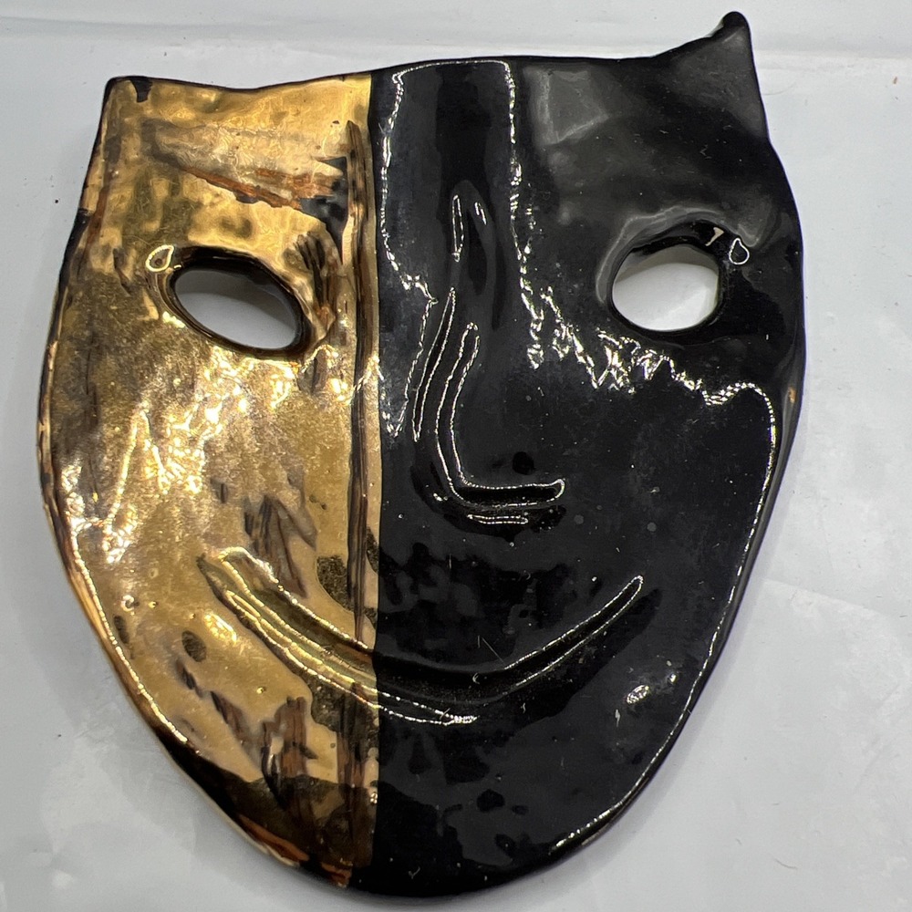 Vintage Melange Ceramic Mask Brooch Pin Hand Painted Black Gold Theater Art Wear